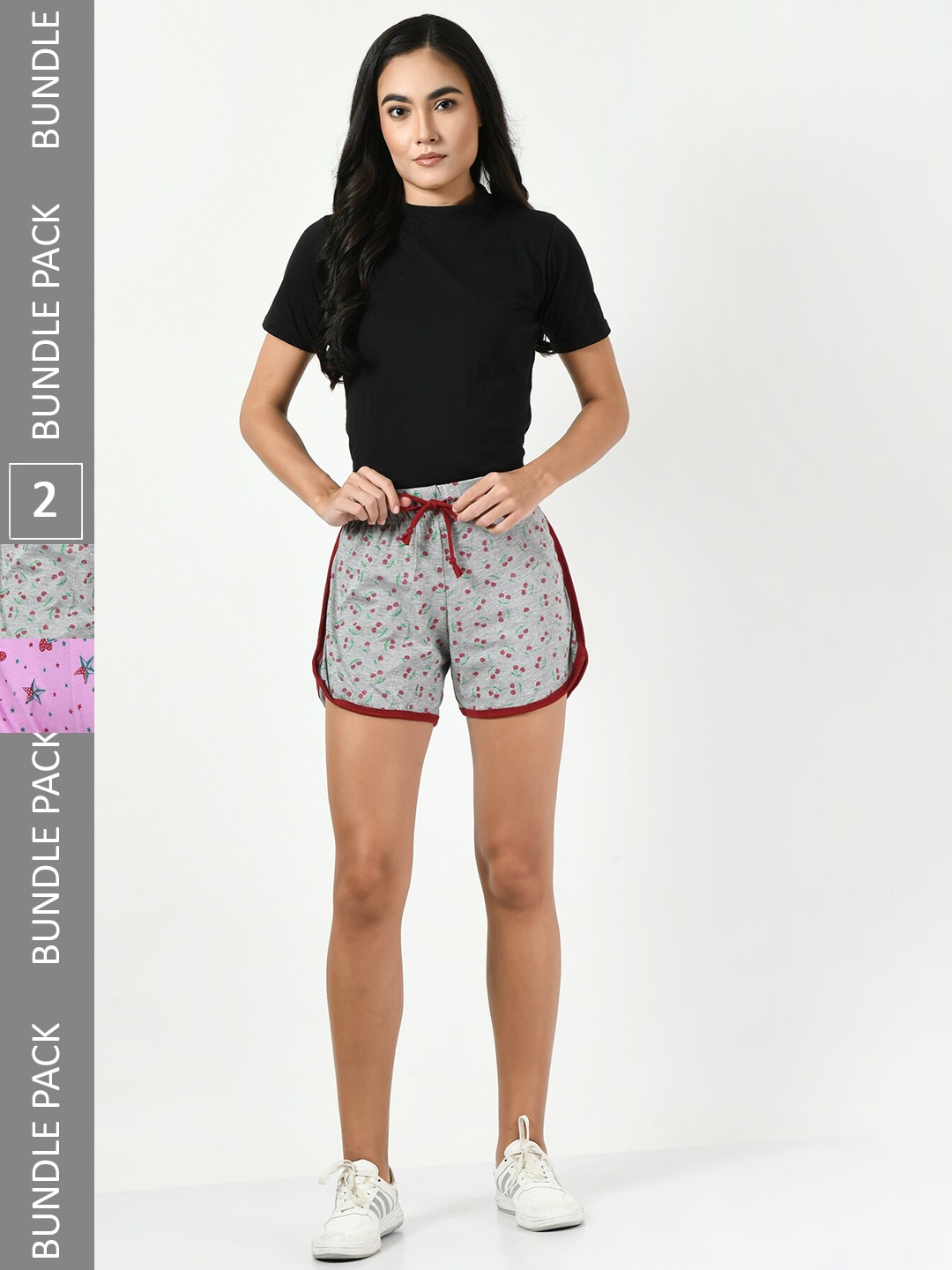

BAESD Women Pack Of 2 Printed Pure Cotton Hotpants Shorts, Grey