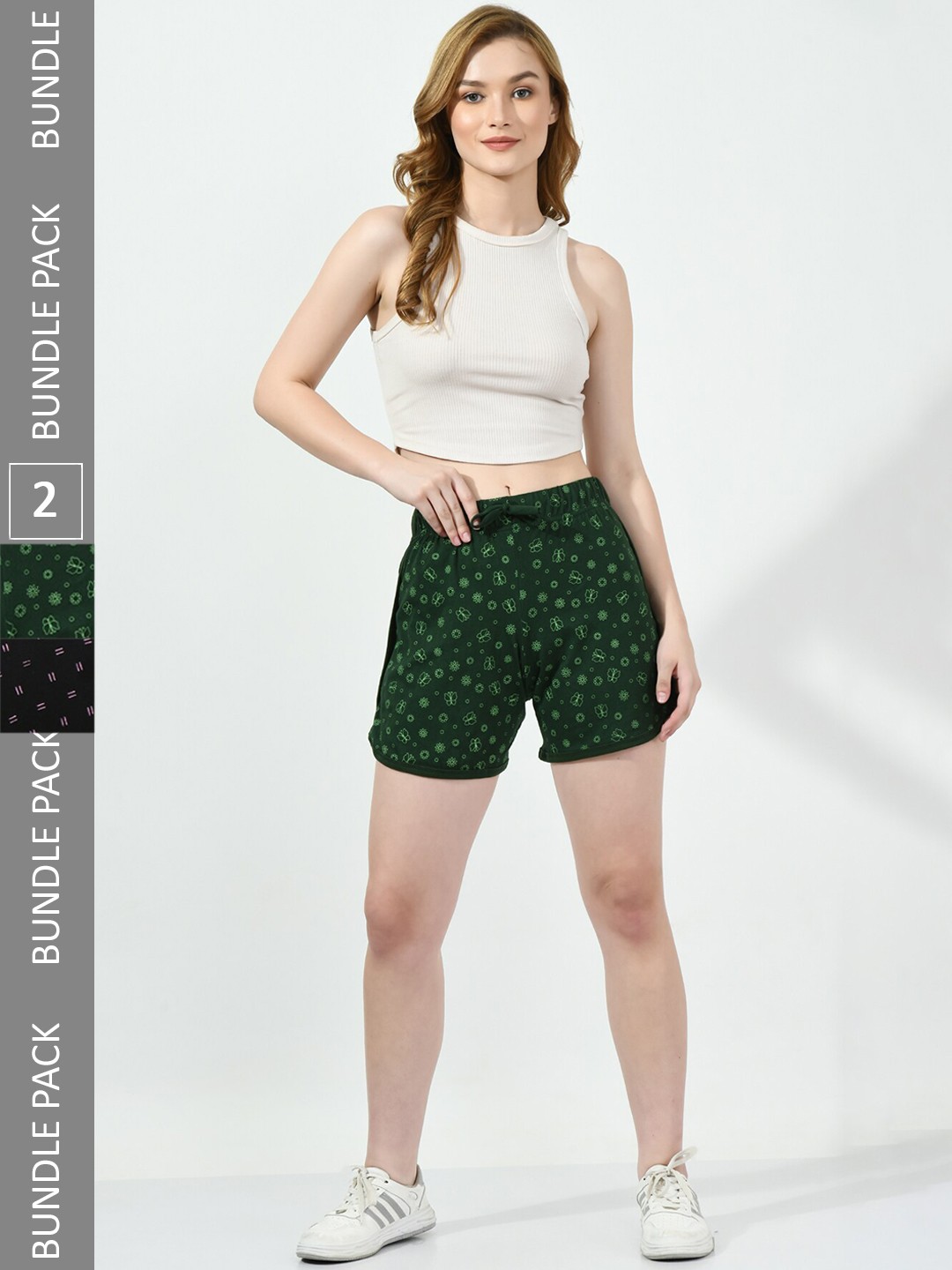 

BAESD Women Pack Of 2 Printed Pure Cotton Hotpants Shorts, Green