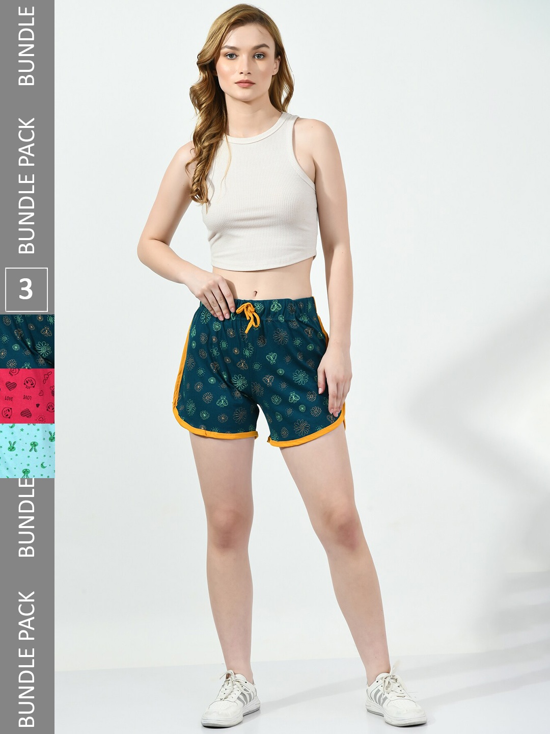 

BAESD Women Pack Of 3 Conversational Printed High-Rise Pure Cotton Shorts, Teal