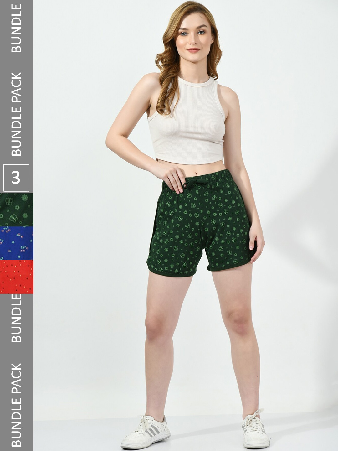 

BAESD Women Pack Of 3 Conversational Printed High-Rise Pure Cotton Shorts, Green