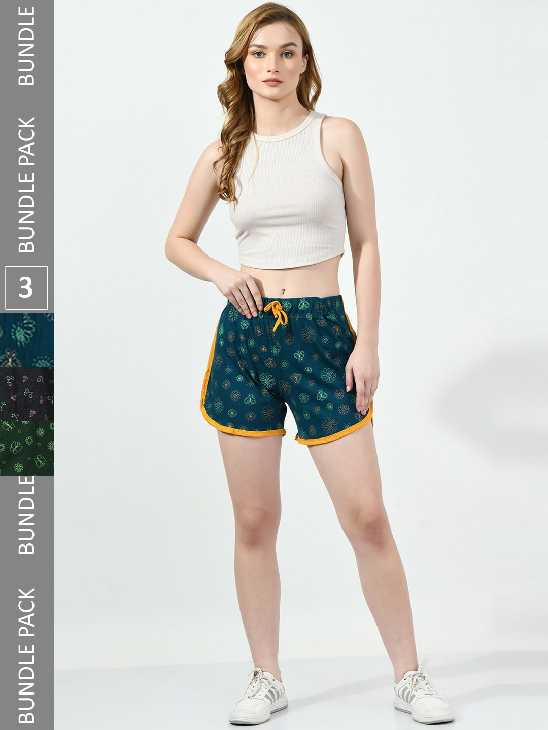 

BAESD Women Pack Of 3 Conversational Printed High-Rise Pure Cotton Shorts, Teal