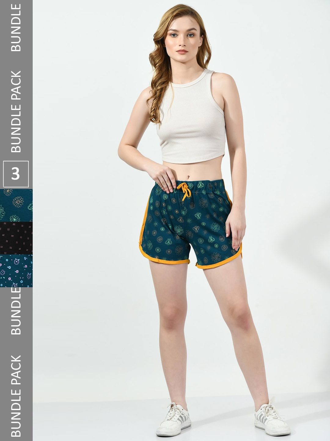 

BAESD Women Pack Of 3 Printed High-Rise Pure Cotton Shorts, Green