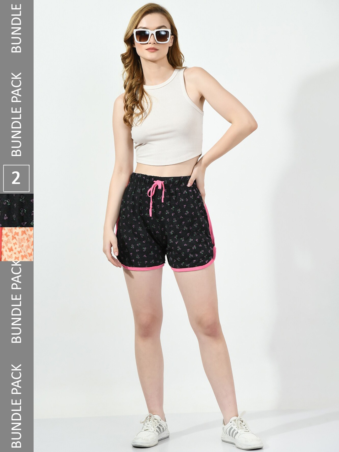 

BAESD Women Pack Of 2 Printed High-Rise Pure Cotton Shorts, Black