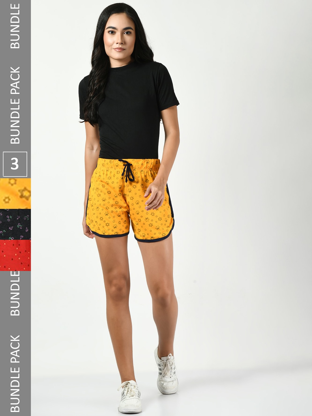 

BAESD Women Pack Of 3 Printed High-Rise Pure Cotton Shorts, Yellow