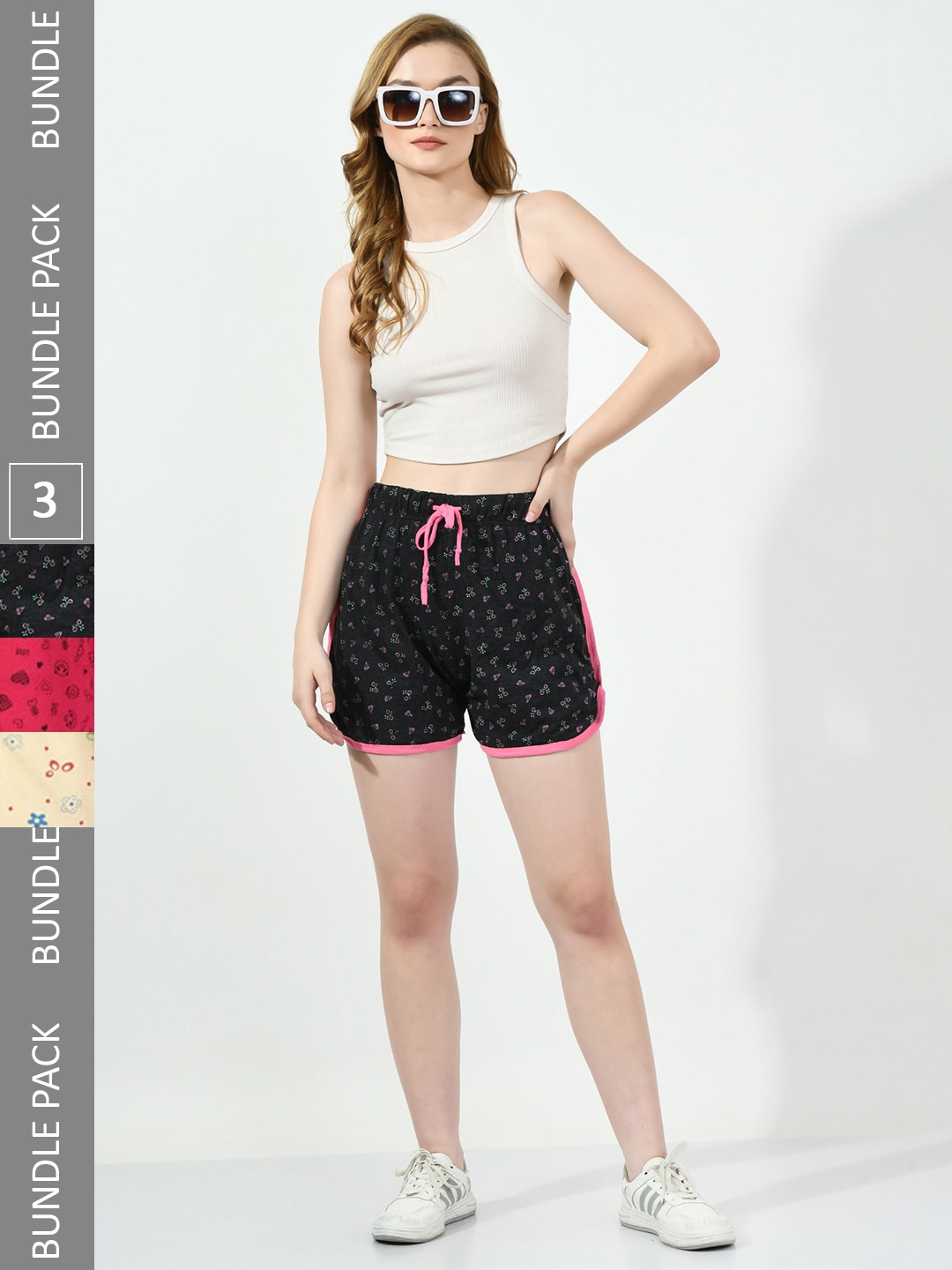 

BAESD Women Pack of 3 Printed High-Rise Pure Cotton Shorts, Black