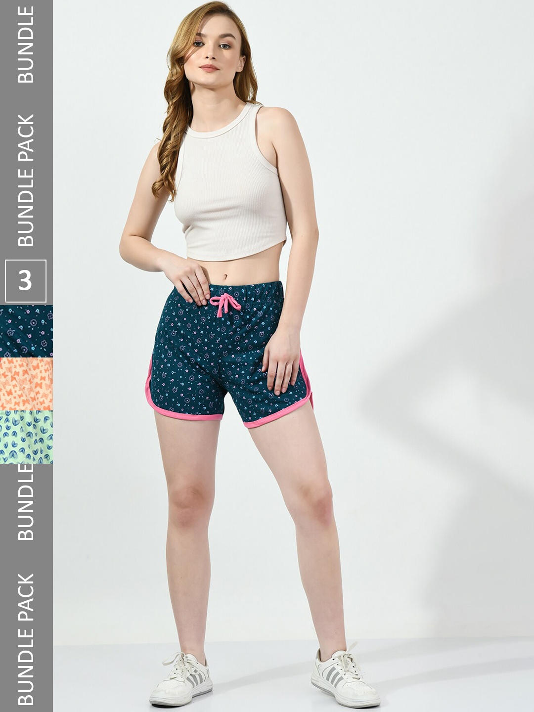 

BAESD Women Pack Of 3 Printed Pure Cotton High-Rise Regular Shorts, Teal
