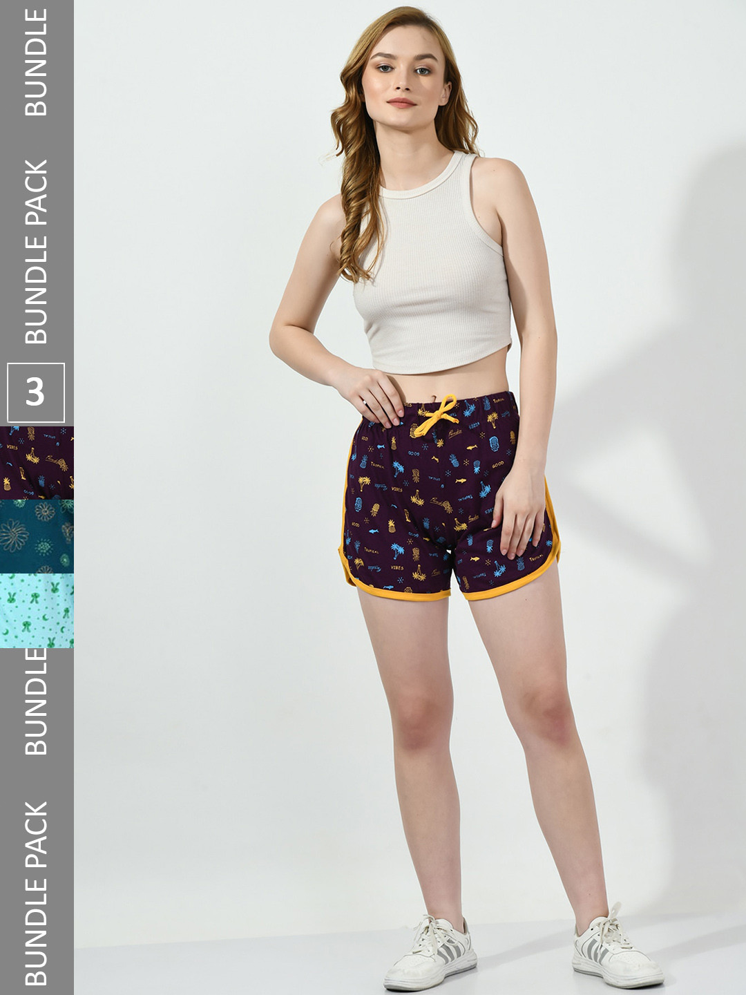 

BAESD Women Pack Of 3 Conversational Printed High-Rise Pure Cotton Shorts, Purple