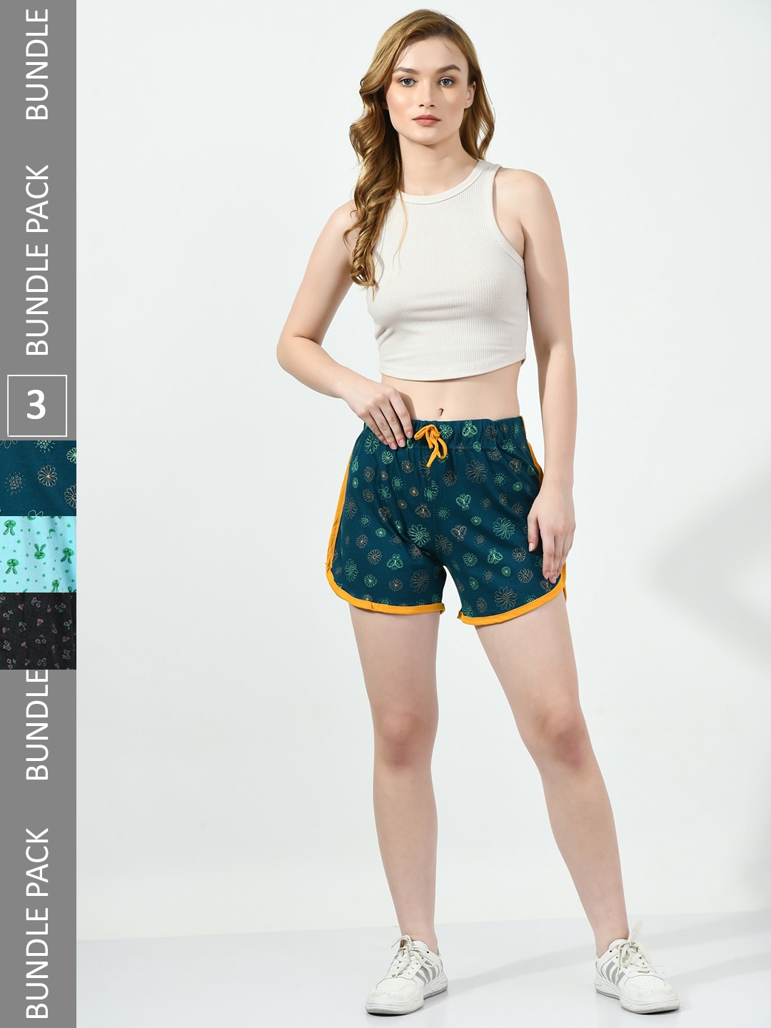 

BAESD Women Pack Of 3 Printed Pure Cotton Shorts, Teal