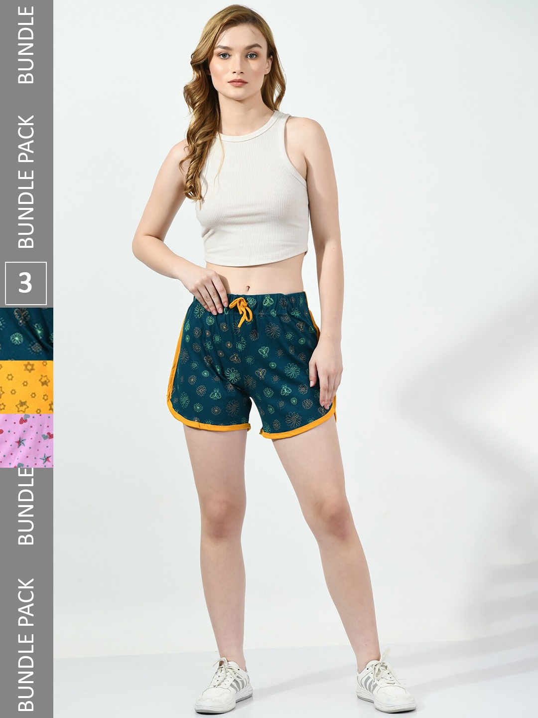 

BAESD Women Pack Of 3 Floral Printed Mid-Rise Pure Cotton Shorts, Teal