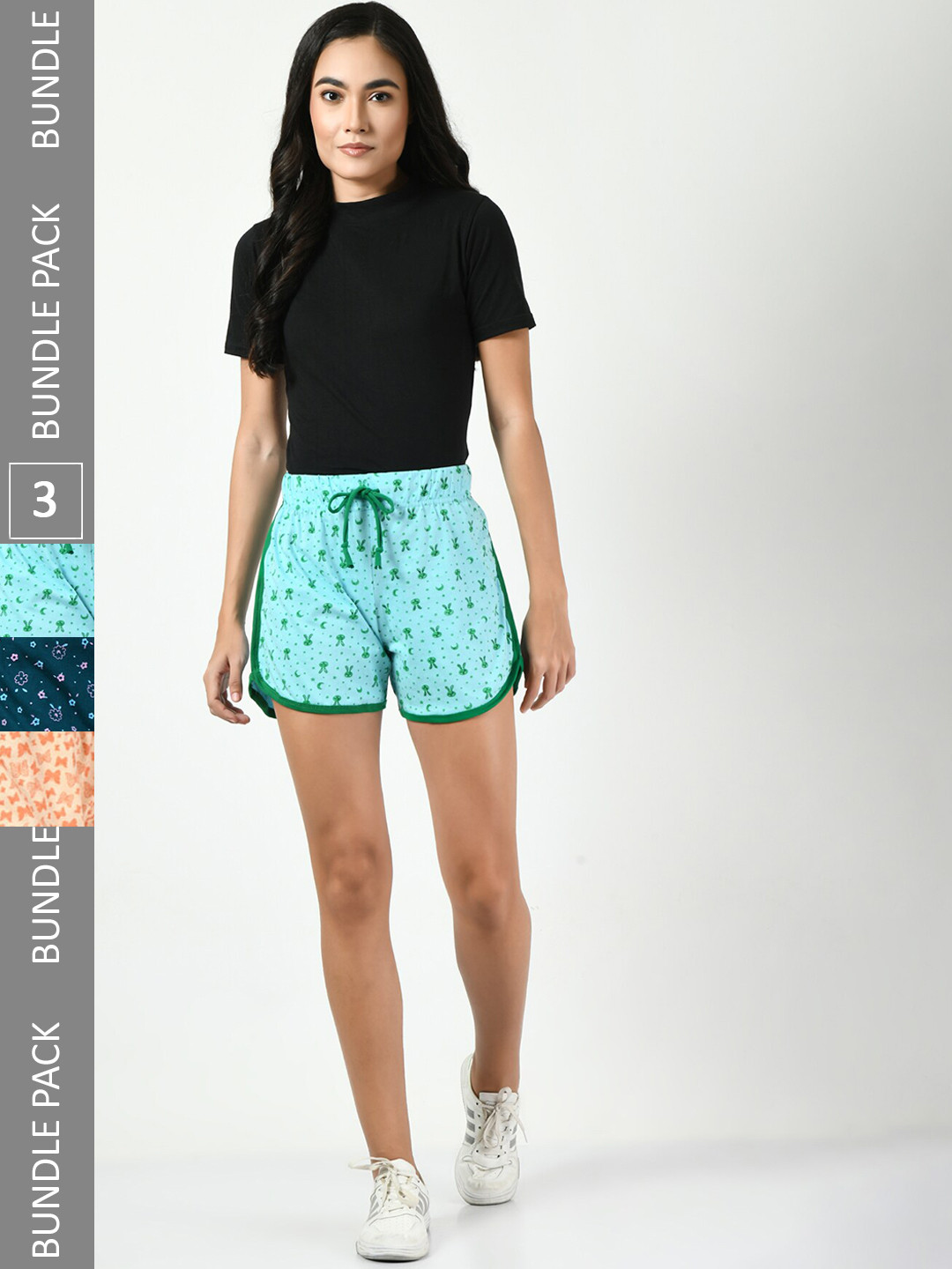 

BAESD Women Pack Of 3 High-Rise Floral Printed Pure Cotton Shorts, Turquoise blue