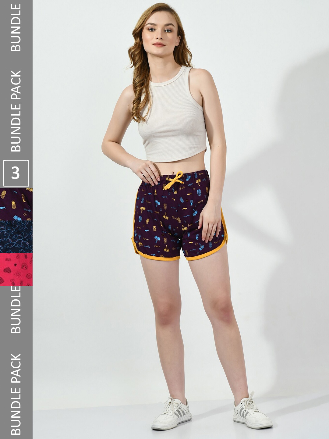 

BAESD Women Pack Of 3 Printed Pure Cotton Shorts, Purple