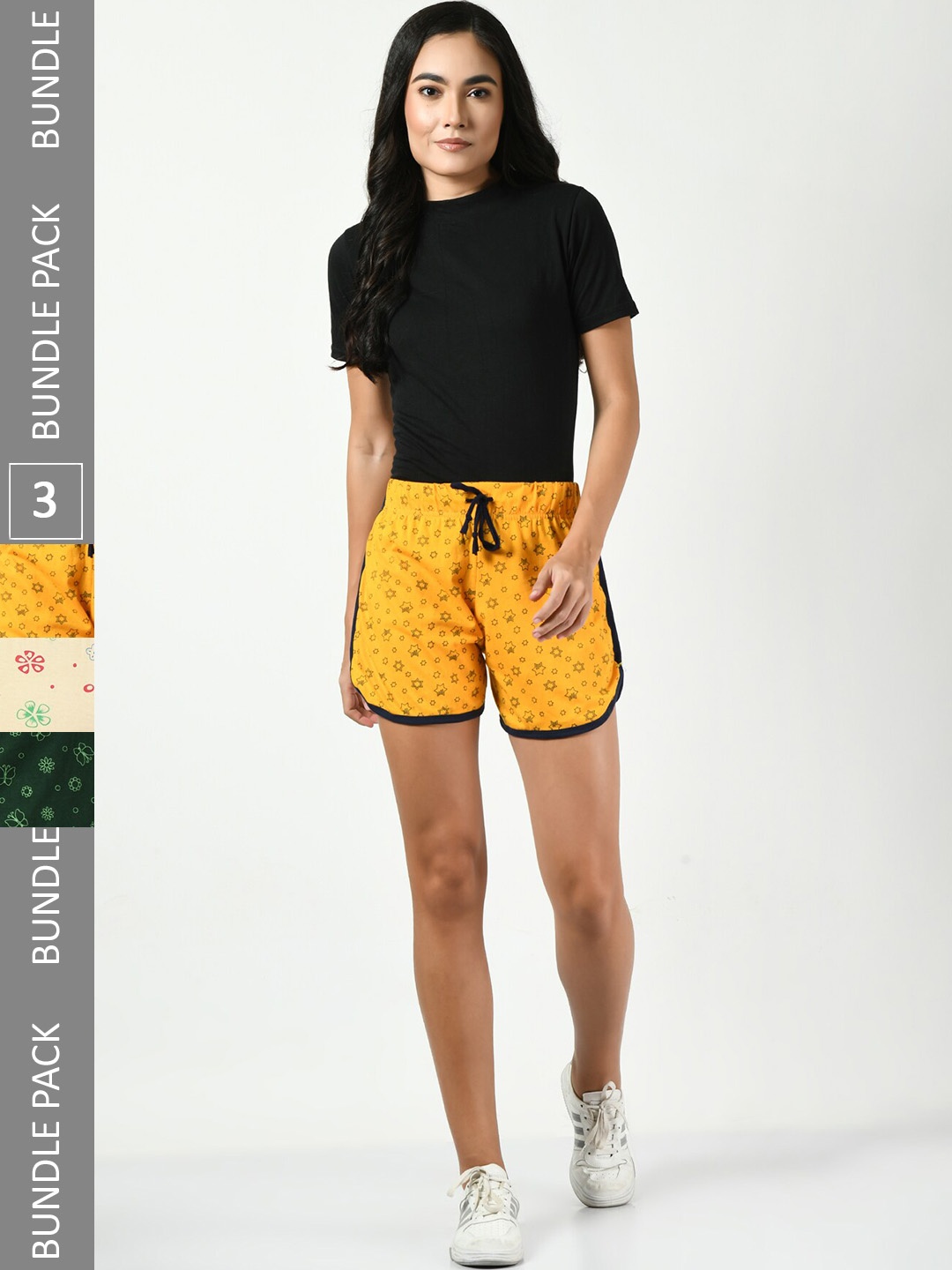 

BAESD Women Pack Of 3 High-Rise Floral Printed Pure Cotton Shorts, Yellow
