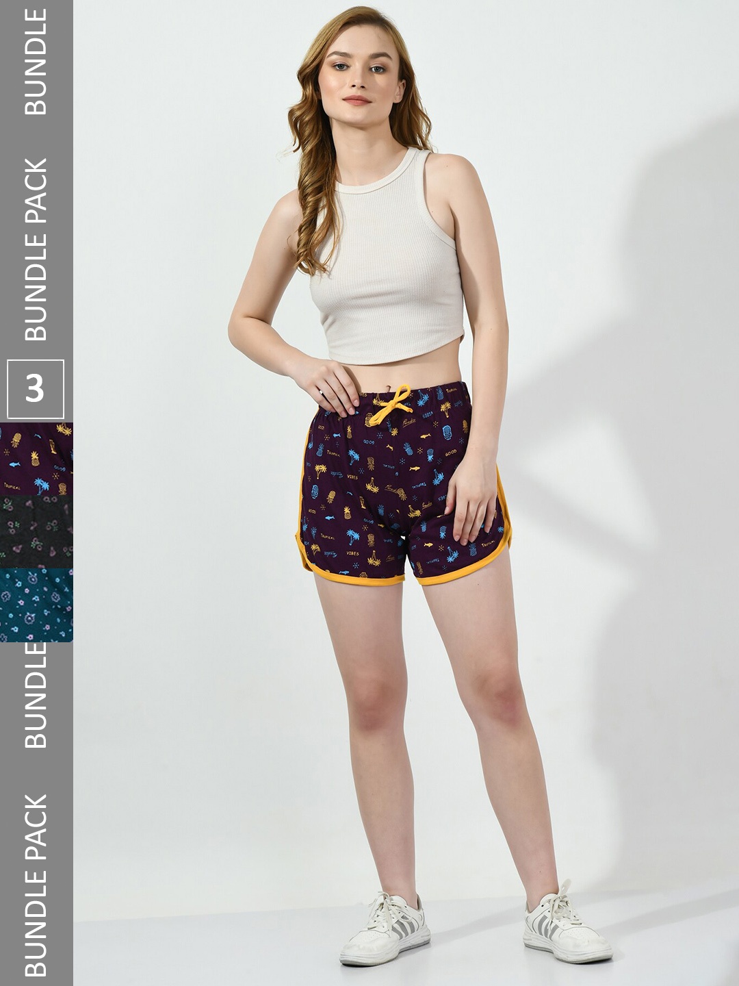 

BAESD Women Pack Of 3 High-Rise Floral Printed Pure Cotton Shorts, Burgundy
