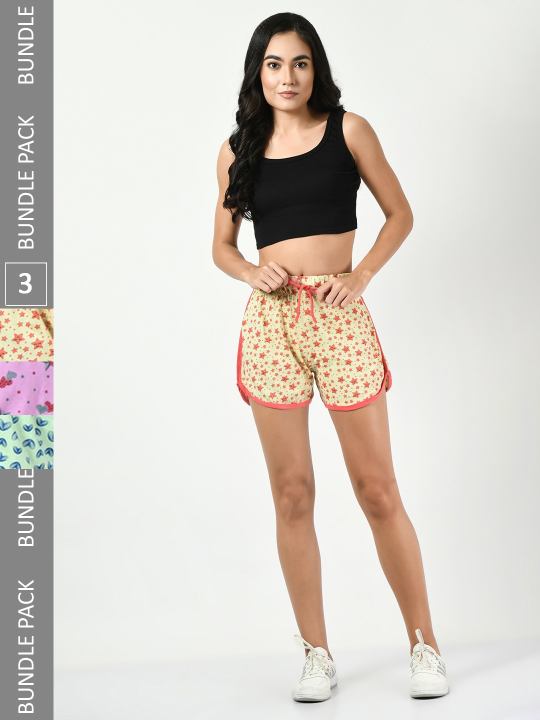 

BAESD Women Pack Of 3 Conversational Printed High-Rise Pure Cotton Shorts, Yellow