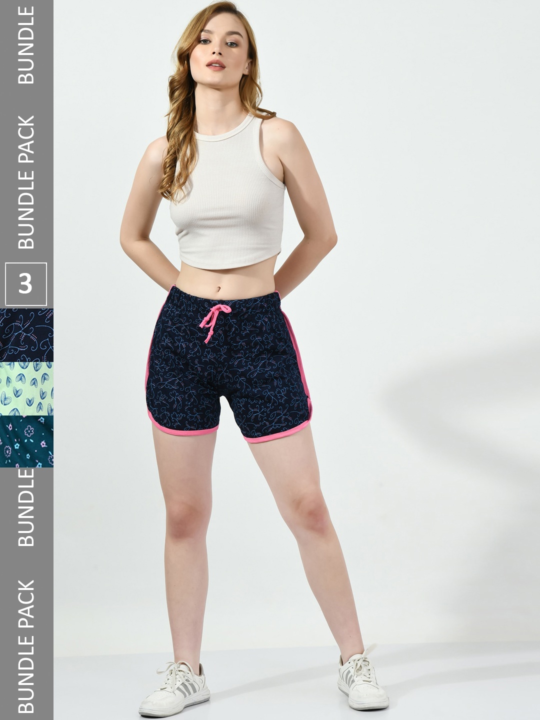 

BAESD Women Pack Of 3 High-Rise Floral Printed Pure Cotton Shorts, Navy blue