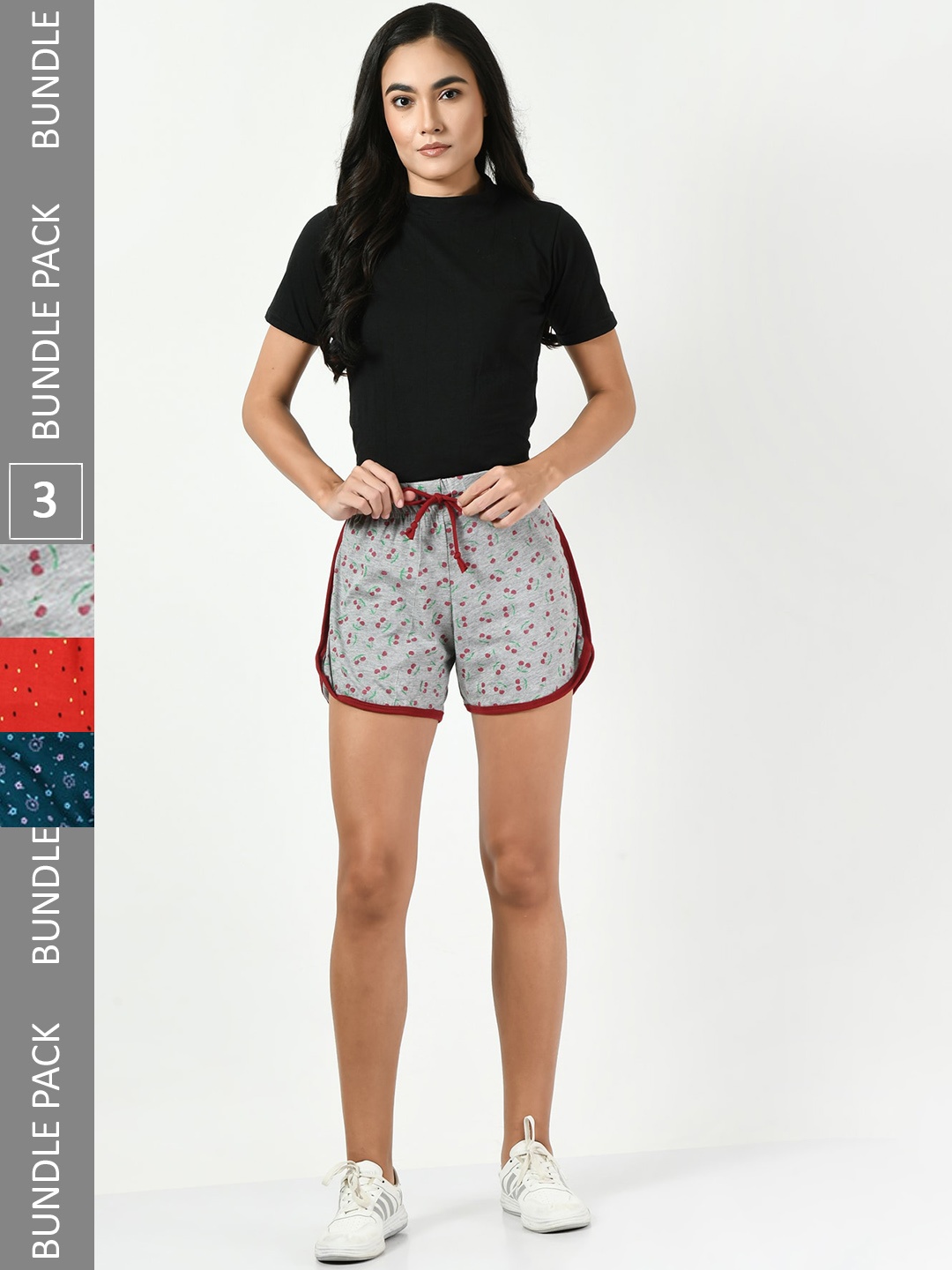 

BAESD Women Pack Of 3 High-Rise Floral Printed Pure Cotton Shorts, Grey