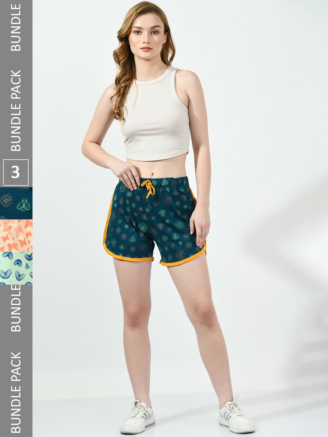 

BAESD Women Pack Of 3 High-Rise Floral Printed Pure Cotton Shorts, Teal
