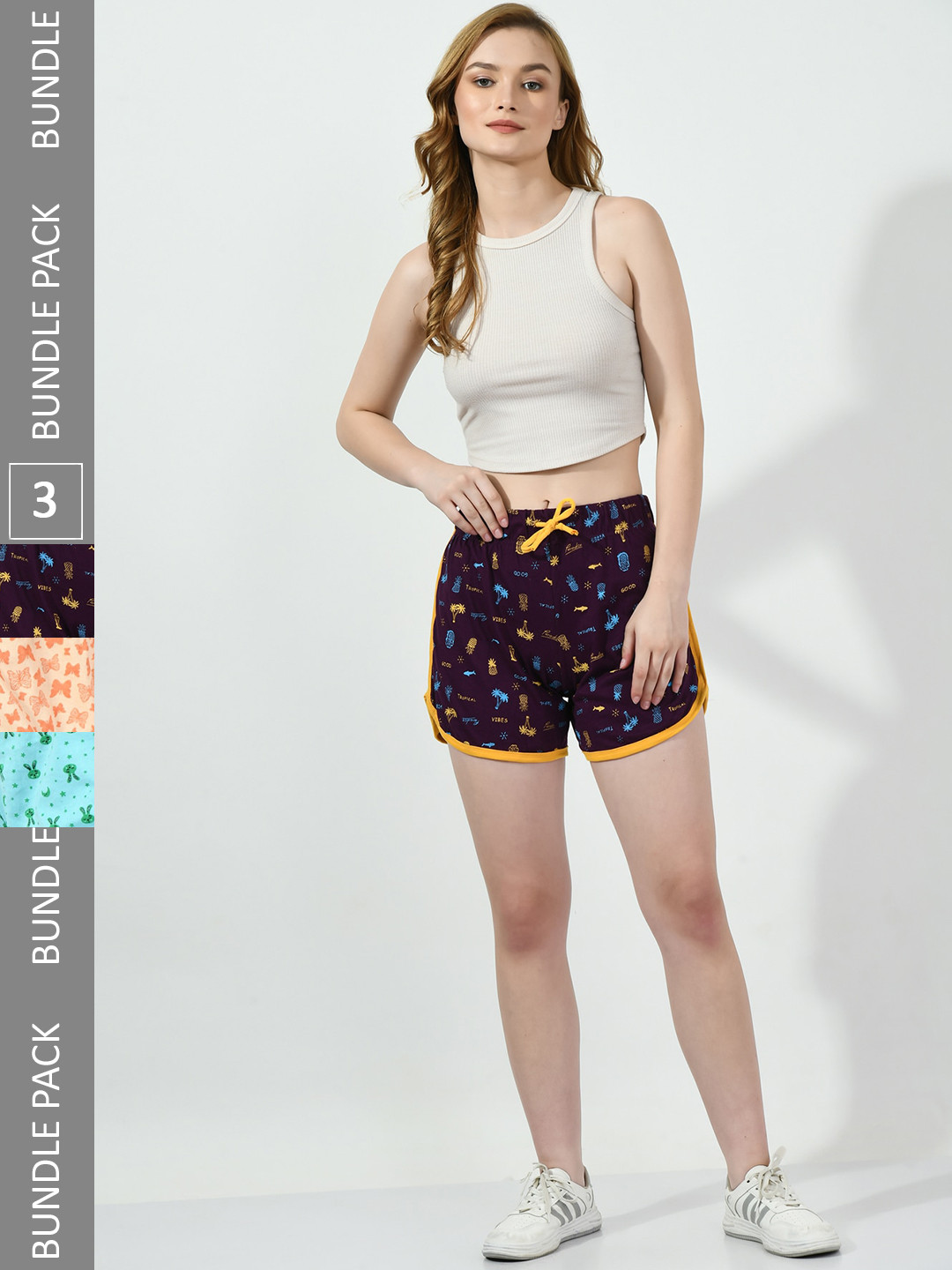 

BAESD Women Pack Of 3 Printed High-Rise Pure Cotton Shorts, Purple