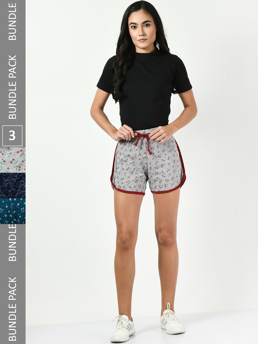 

BAESD Women Pack Of 3 Printed High-Rise Pure Cotton Shorts, Grey