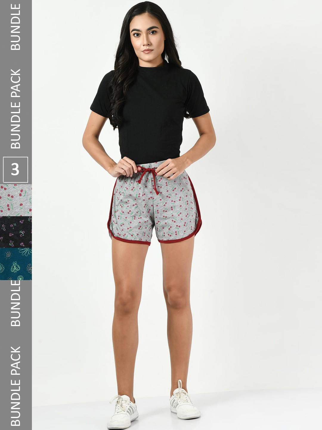 

BAESD Women Pack Of 3 Printed High-Rise Pure Cotton Shorts, Grey