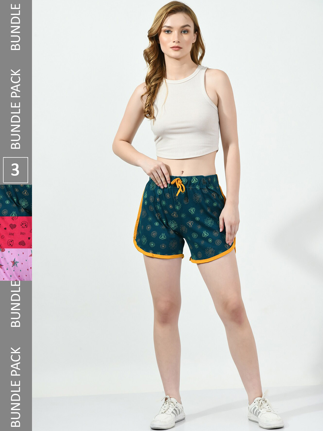 

BAESD Women Pack Of 3 High-Rise Printed Pure Cotton Hotpant Shorts, Green