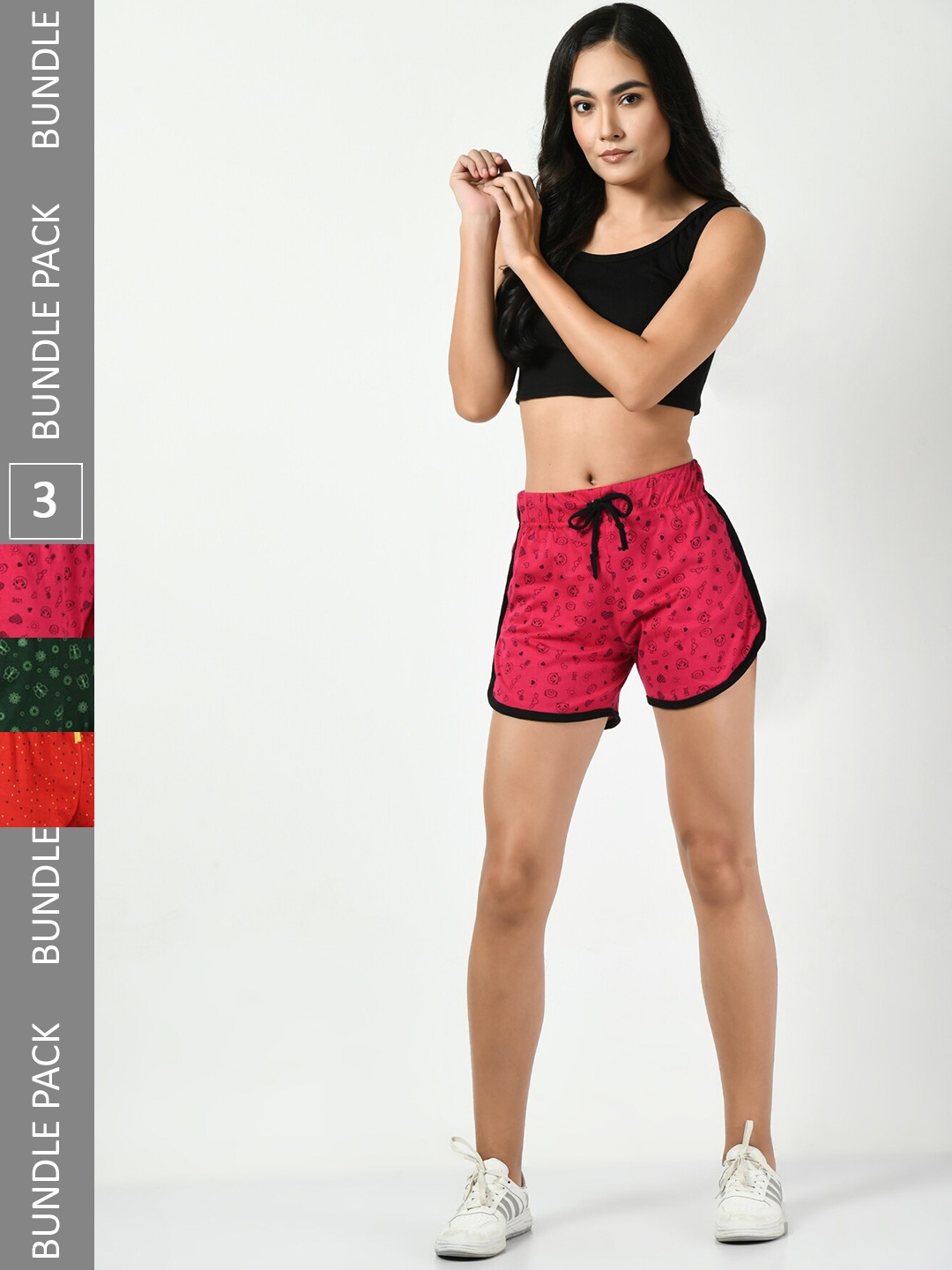 

BAESD Women Pack Of 3 High-Rise Printed Pure Cotton Hotpant Shorts, Red