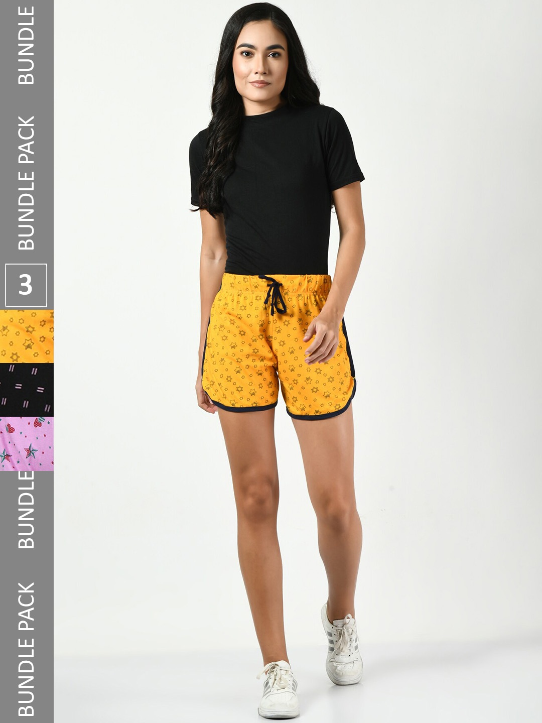 

BAESD Women Pack Of 3 Printed Pure Cotton Shorts, Yellow