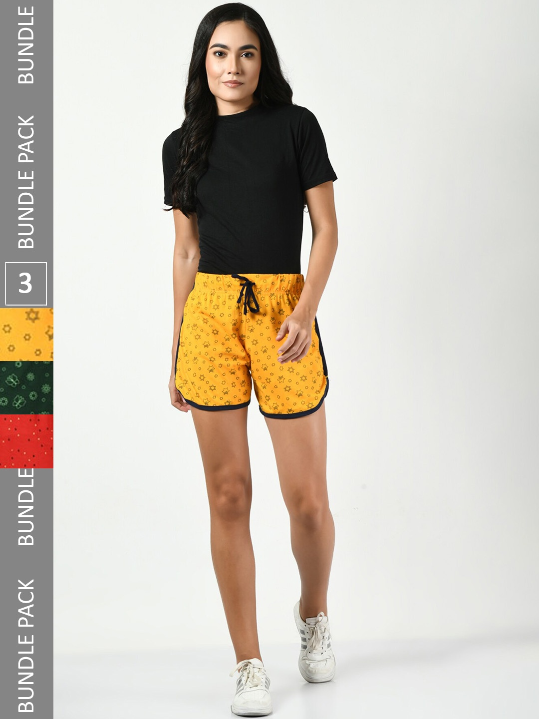 

BAESD Women Pack Of 3 Conversational Printed Pure Cotton Shorts, Yellow