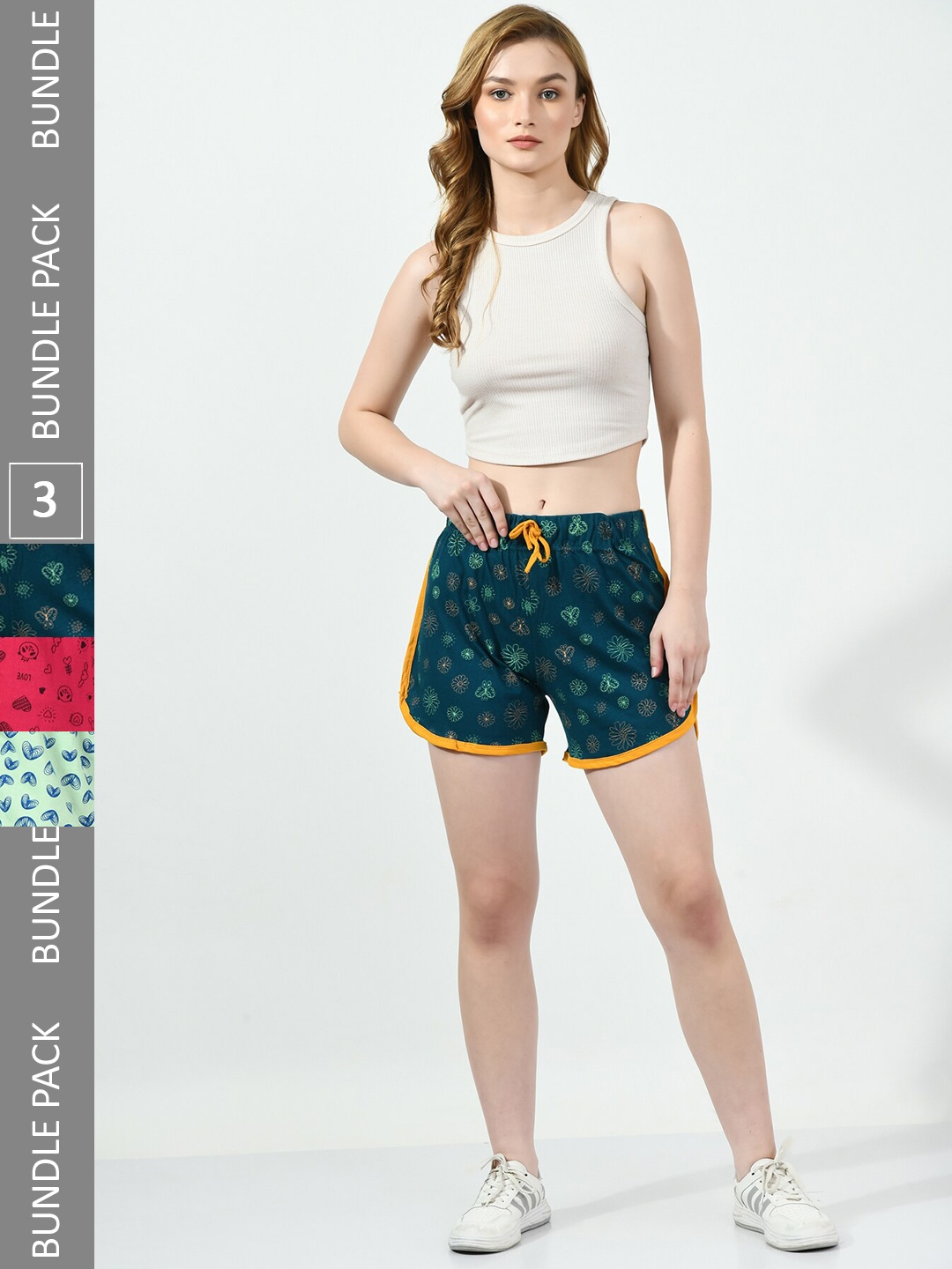 

BAESD Women Pack of 3 Printed High-Rise Pure Cotton Hot Pant, Teal