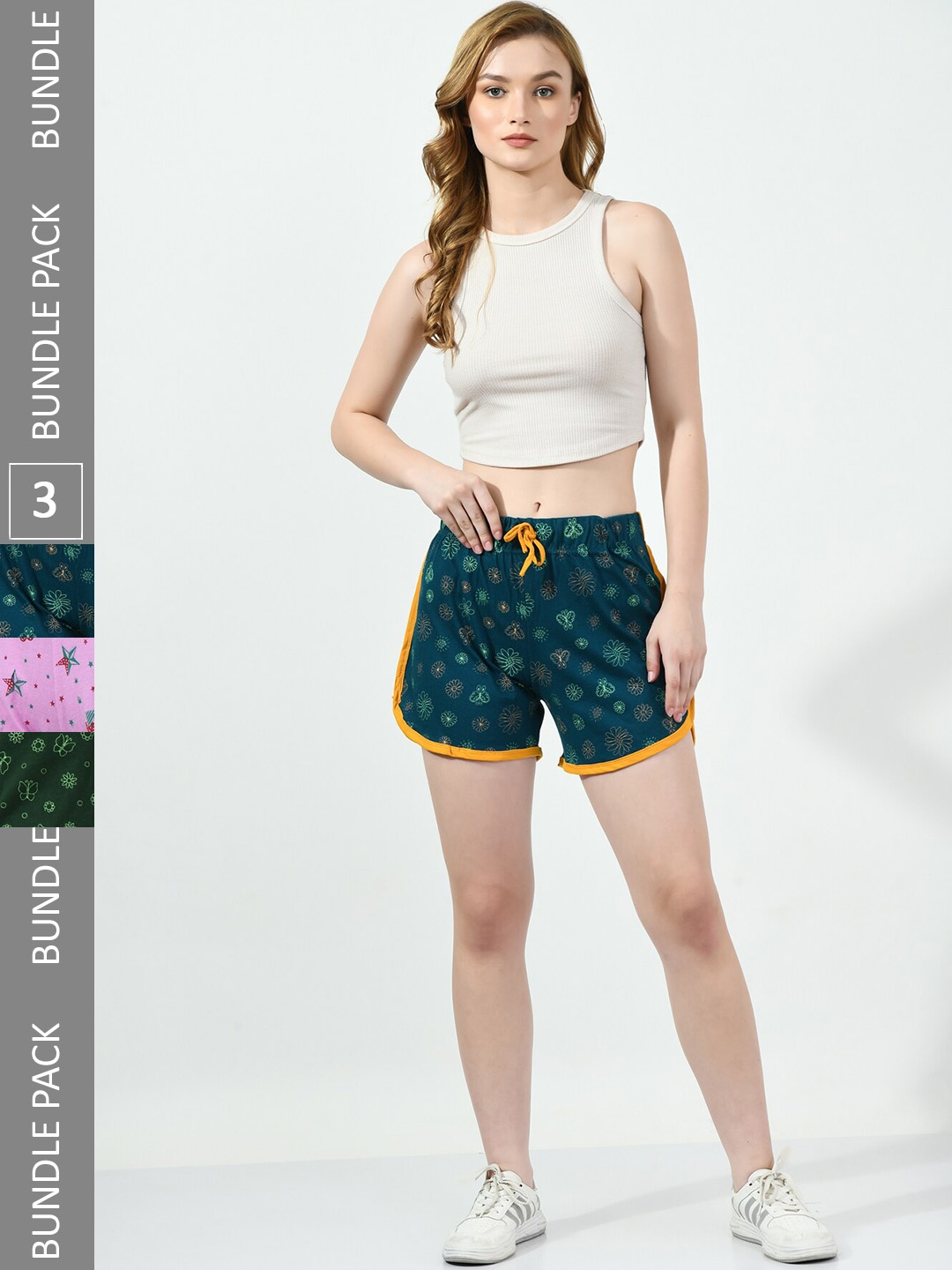 

BAESD Women Pack Of 3 Printed High-Rise Cotton Shorts, Teal