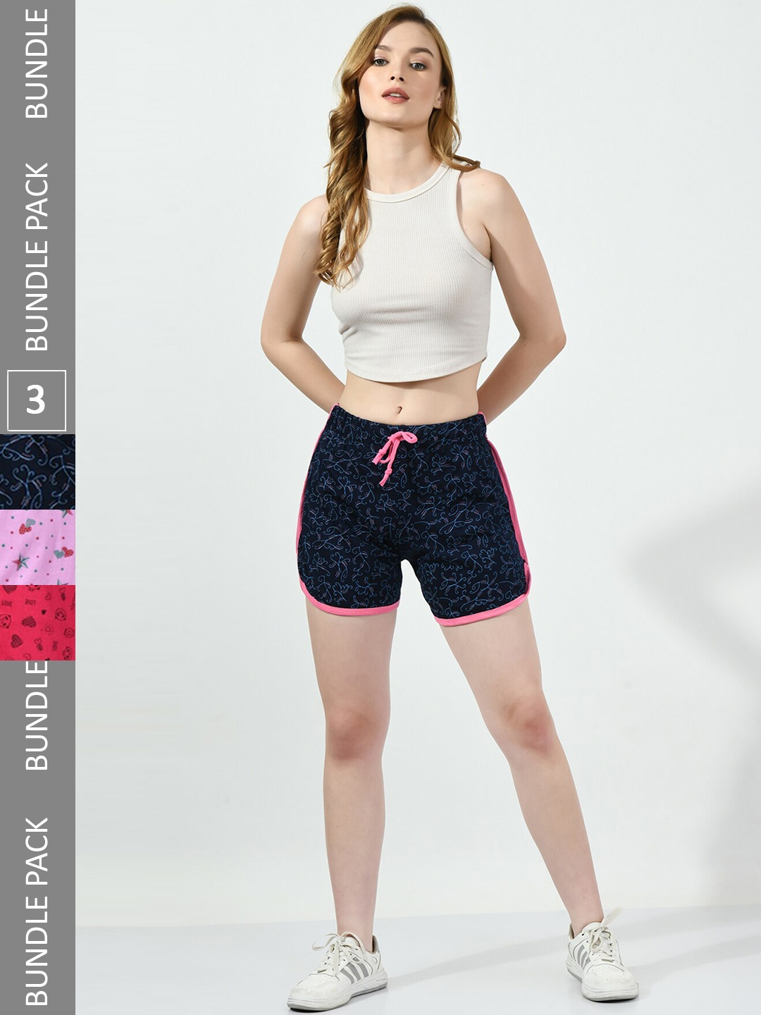 

BAESD Women Pack of 3 Conversational Printed Pure Cotton Hot Pants Shorts, Navy blue