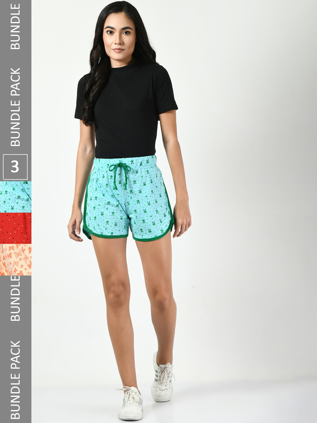 

BAESD Women Pack Of 3 High-Rise Floral Printed Pure Cotton Shorts, Turquoise blue