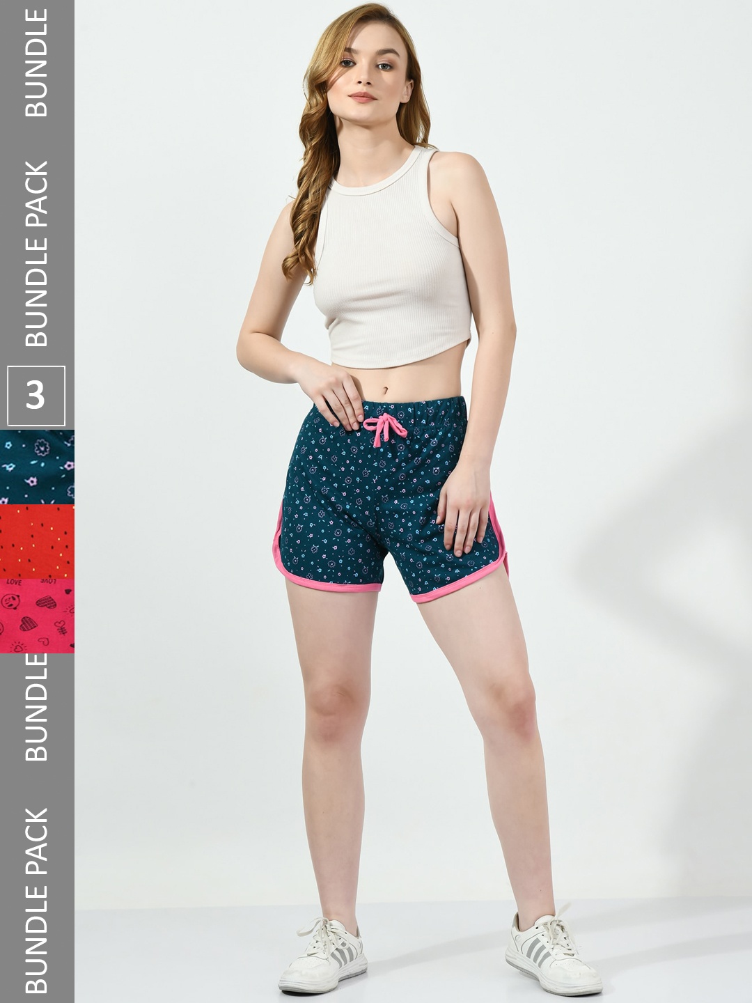 

BAESD Women Pack Of 3 Printed High-Rise Cotton Hot Pants, Navy blue
