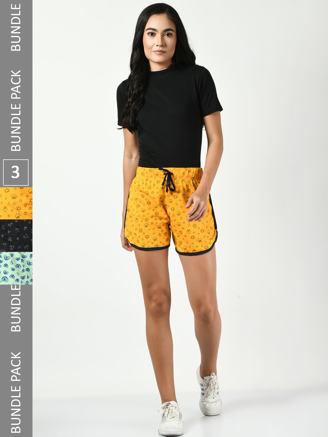 

BAESD Women Pack Of 3 Printed Pure Cotton Hotpants Shorts, Yellow