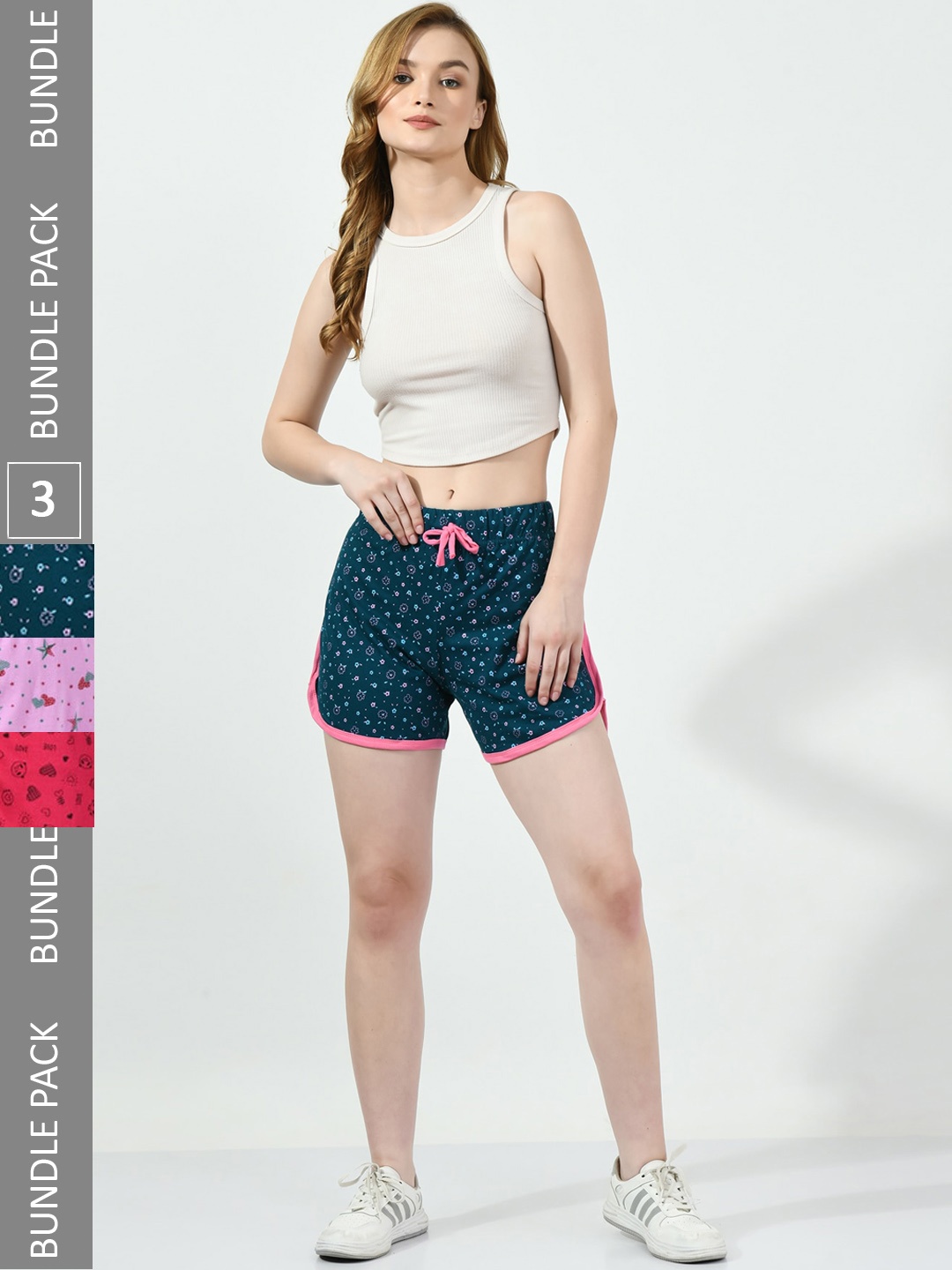 

BAESD Women Pack Of 3 Printed High-Rise Pure Cotton Regular Shorts, Teal