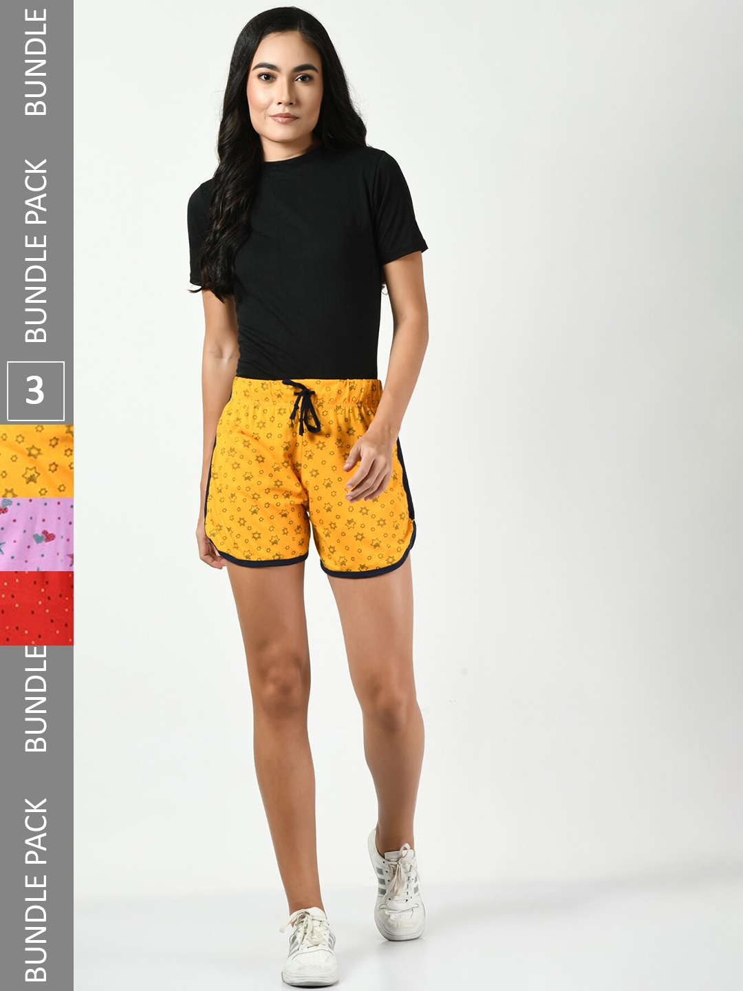 

BAESD Women Pack Of 3 Printed Pure Cotton Hotpants Shorts, Yellow