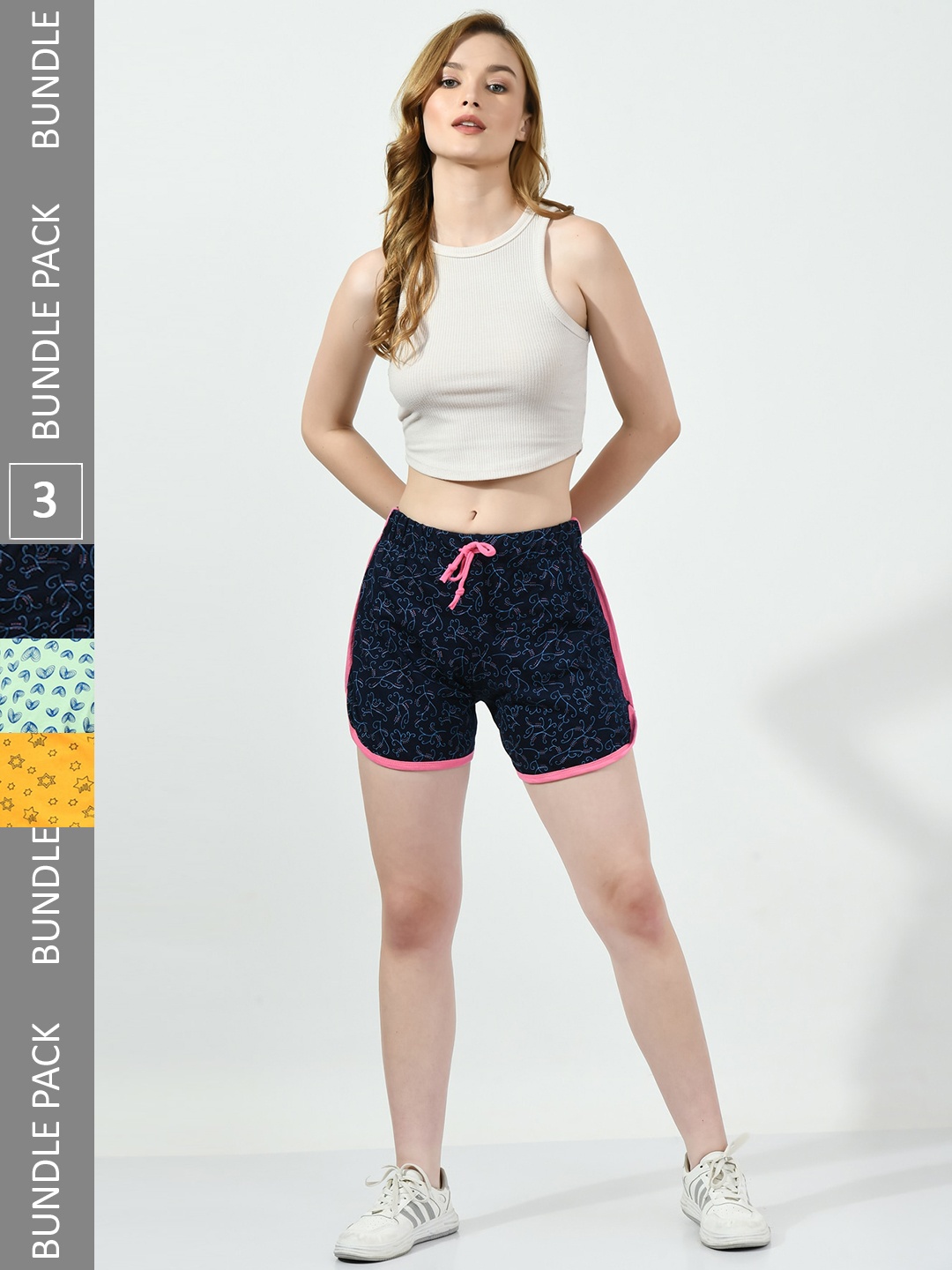 

BAESD Women Pack Of 3 Printed Pure Cotton Shorts, Navy blue