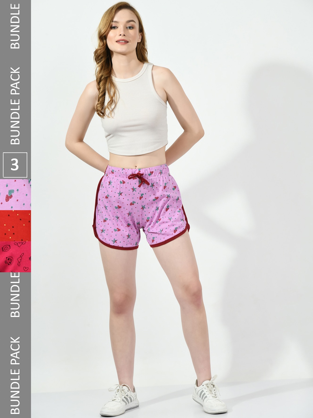 

BAESD Women Pack Of 3 Conversational Printed High-Rise Pure Cotton Shorts, Purple