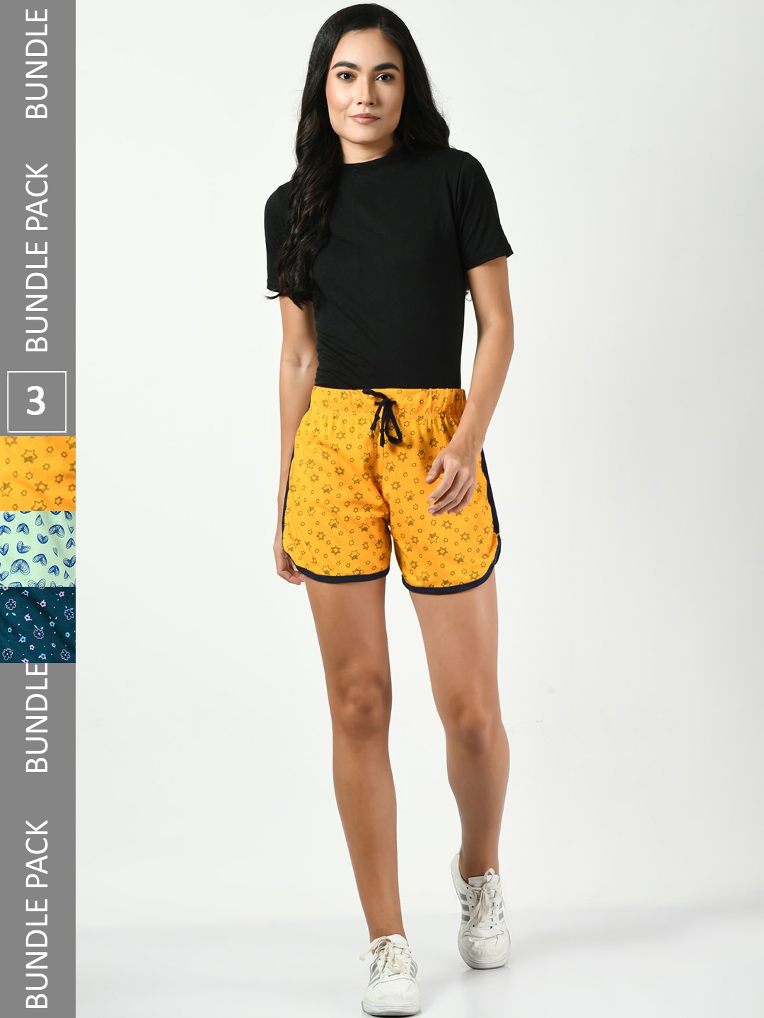 

BAESD Women Pack Of 3 Printed High-Rise Cotton Shorts, Yellow