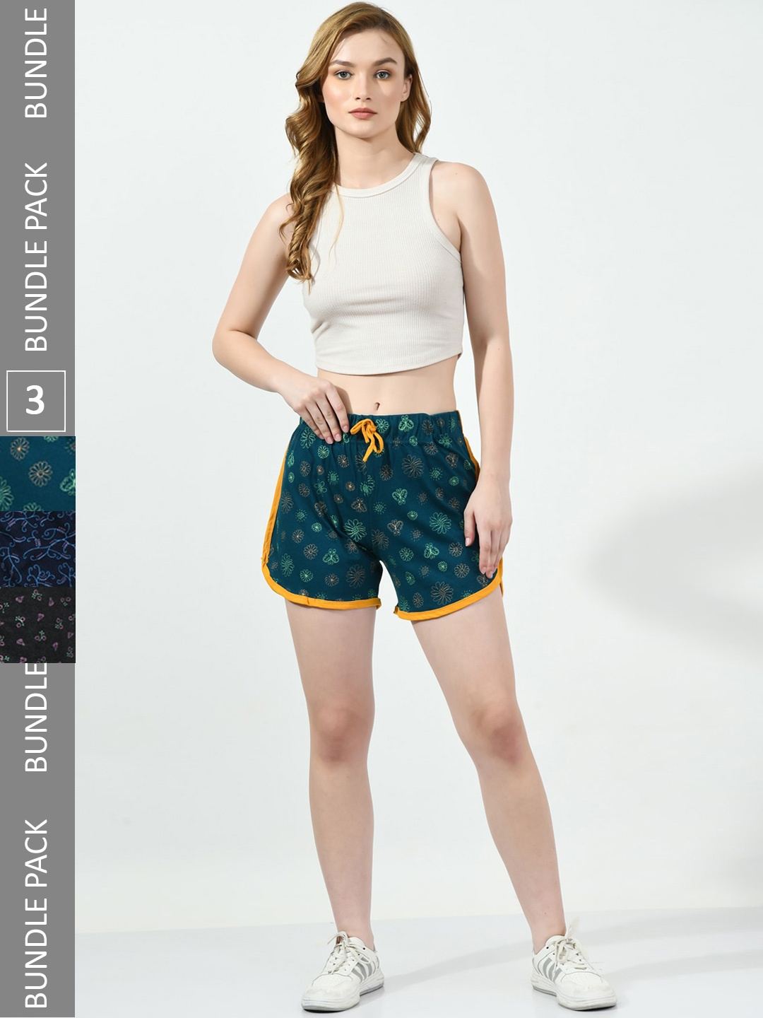 

BAESD Women Pack of 3 Conversational Printed High-Rise Pure Cotton Regular Shorts, Teal