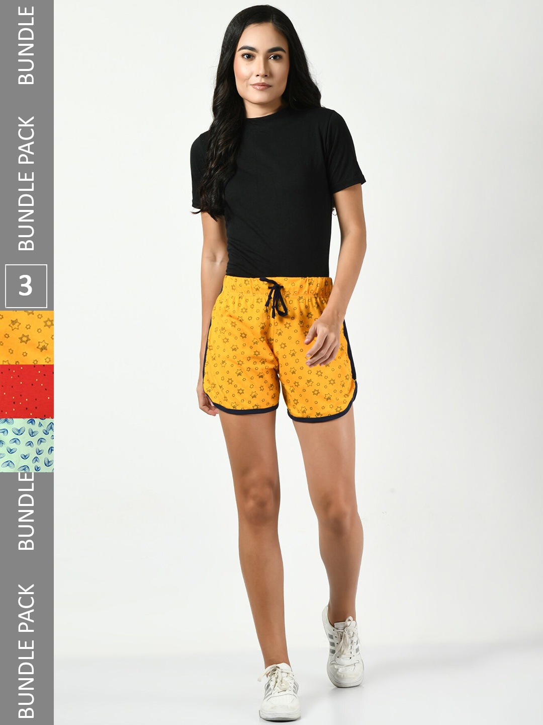 

BAESD Women Pack of 3 Printed High-Rise Cotton Shorts, Mustard