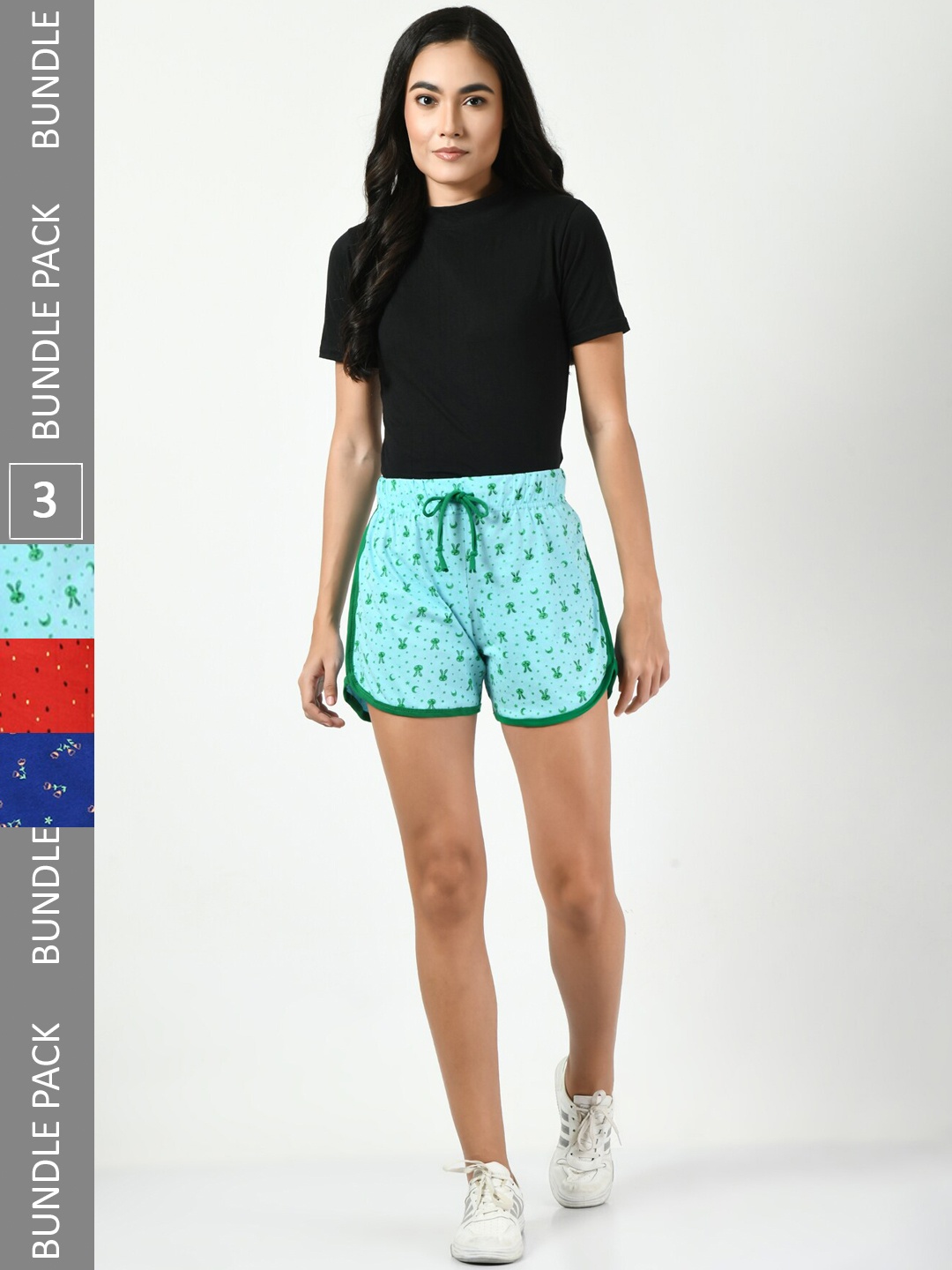 

BAESD Women Pack Of 3 Conversational Printed High-Rise Pure Cotton Shorts, Blue