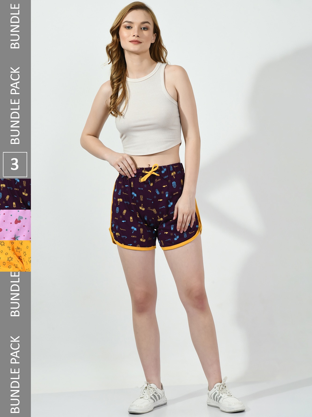 

BAESD Women Pack Of 3 Printed High-Rise Pure Cotton Regular Shorts, Purple