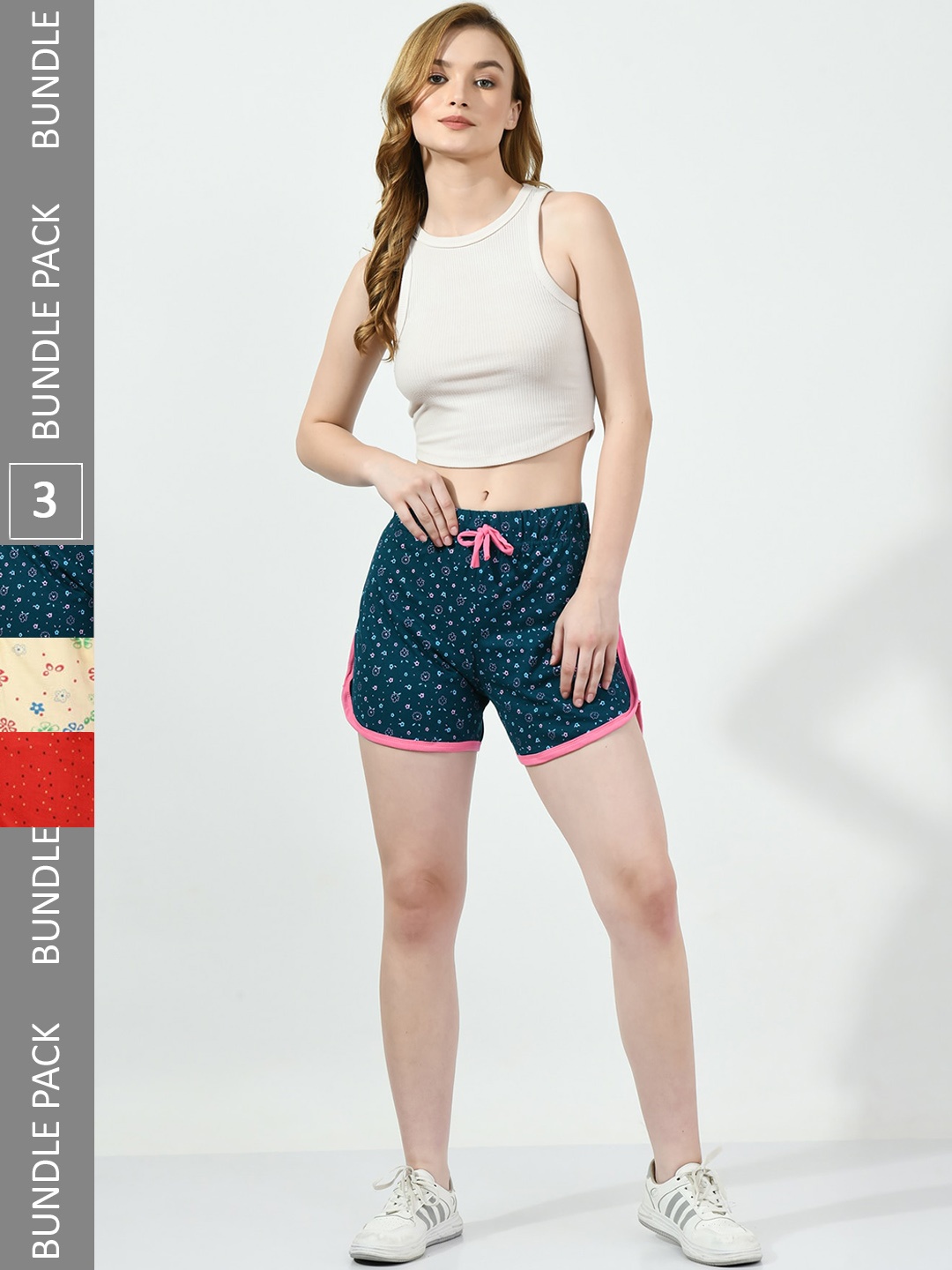 

BAESD Women Pack Of 3 High-Rise Floral Printed Pure Cotton Shorts, Teal