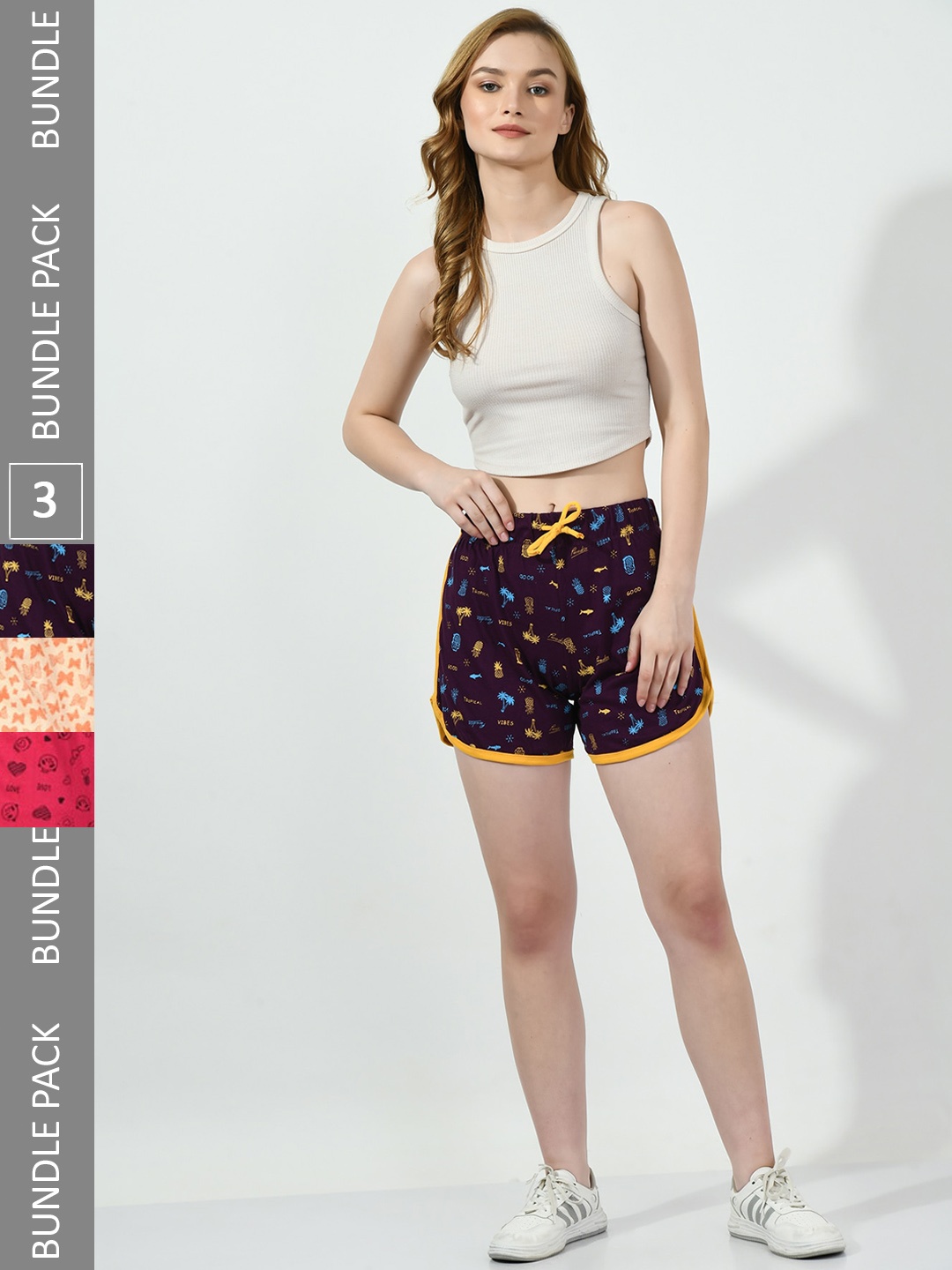 

BAESD Women Pack of 3 Conversational Printed Pure Cotton Hot Pants Shorts, Burgundy