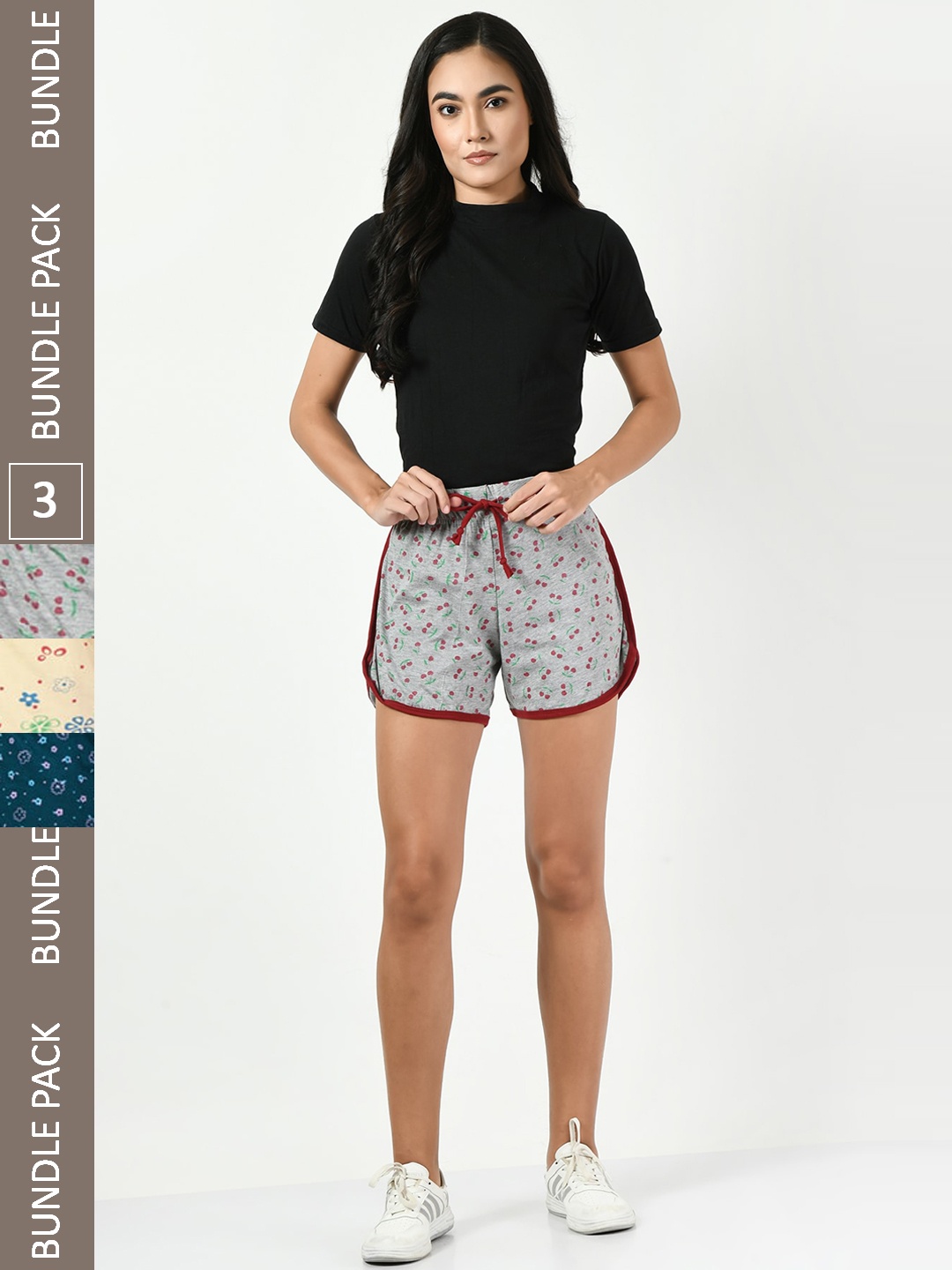 

BAESD Women Pack Of 3 Printed Pure Cotton Hotpant Shorts, Grey