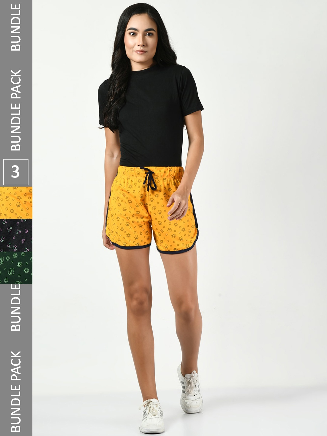 

BAESD Women Pack Of 3 Printed Pure Cotton Hotpant Shorts, Yellow