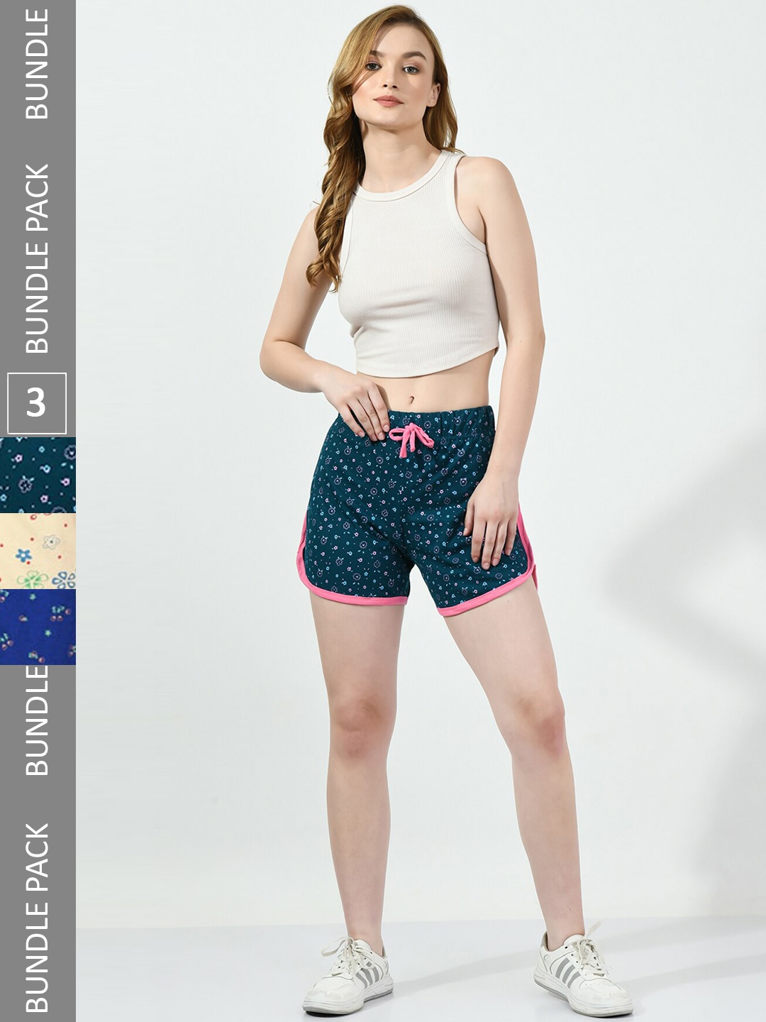 BAESD Women Pack Of 3 Conversational Printed High-Rise Pure Cotton Shorts, Teal