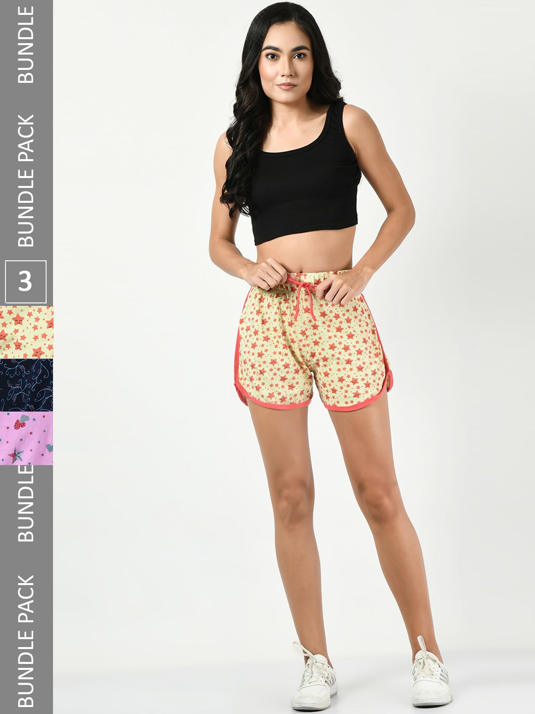 

BAESD Women Pack Of 3 Printed High-Rise Pure Cotton Regular Shorts, Yellow