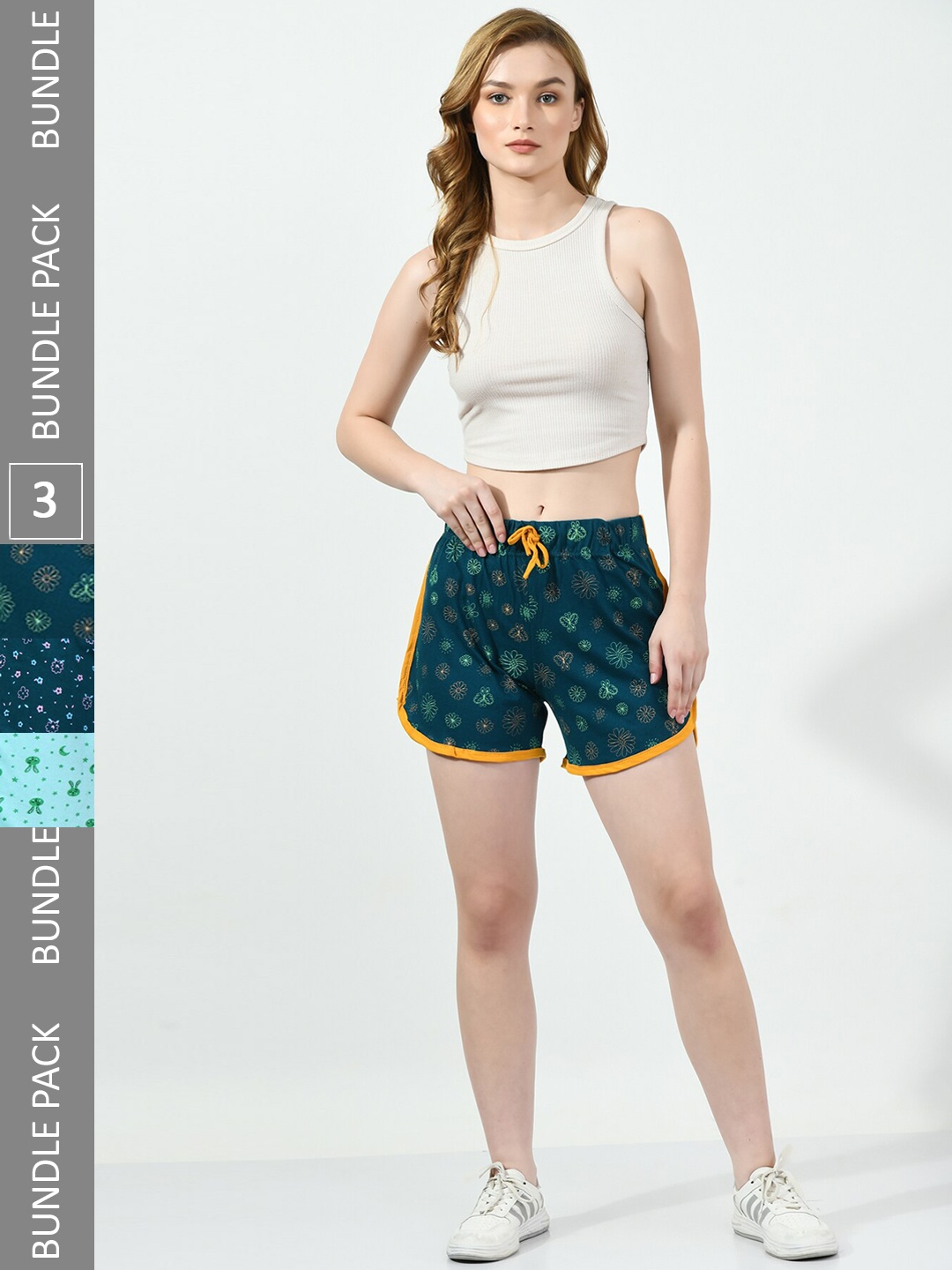 

BAESD Women Pack Of 3 High-Rise Floral Printed Pure Cotton Shorts, Teal